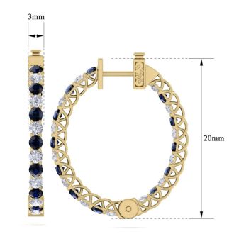 3 Carat Sapphire and Diamond Hoop Earrings In 14 Karat Yellow Gold, 3/4 Inch