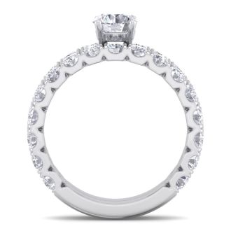 Moissanite Engagement Ring; 3 1/4 Carat Round Moissanite Bridal Set In 14 Karat White Gold