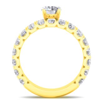 Moissanite Engagement Ring; 3 1/4 Carat Round Moissanite Bridal Set In 14 Karat Yellow Gold