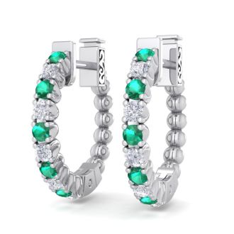 1/2 Carat Emerald and Diamond Hoop Earrings In 14 Karat White Gold, 1/2 Inch