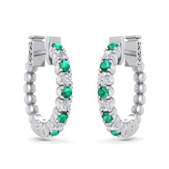 1/2 Carat Emerald and Diamond Hoop Earrings In 14 Karat White Gold, 1/2 Inch