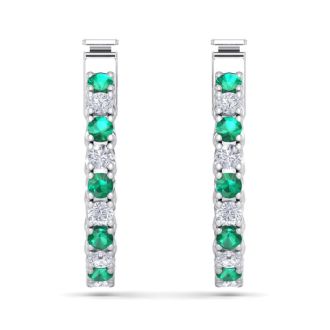 1/2 Carat Emerald and Diamond Hoop Earrings In 14 Karat White Gold, 1/2 Inch