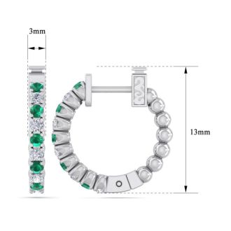 1/2 Carat Emerald and Diamond Hoop Earrings In 14 Karat White Gold, 1/2 Inch