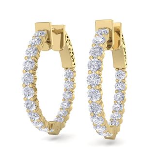 2 Carat Diamond Hoop Earrings In 14 Karat Yellow Gold, 3/4 Inch