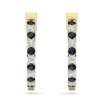 2 Carat Sapphire and Diamond Hoop Earrings In 14 Karat Yellow Gold, 3/4 Inch