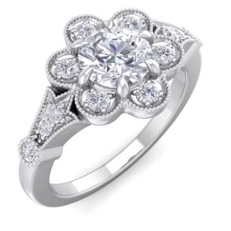Moissanite Engagement Ring; 1 Carat Round Shape Moissanite Vintage Engagement Ring In Sterling Silver