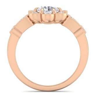 Moissanite Engagement Ring; 1 Carat Round Shape Moissanite Vintage Engagement Ring In Rose Gold Over Sterling Silver
