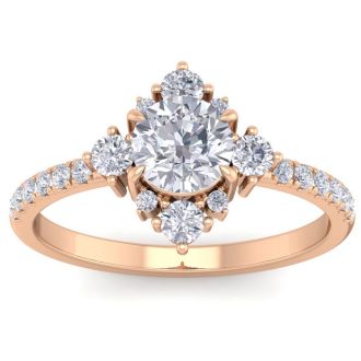 Moissanite Engagement Ring; 1 Carat Round Shape Moissanite Vintage Engagement Ring In Rose Gold Over Sterling Silver