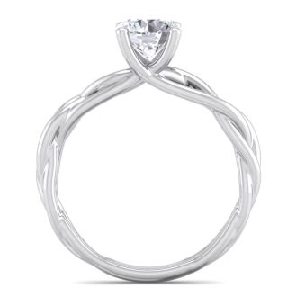 Moissanite Engagement Ring; 1 Carat Round Moissanite Solitaire Intricate Vine Engagement Ring With Tapered Band In 14 Karat White Gold