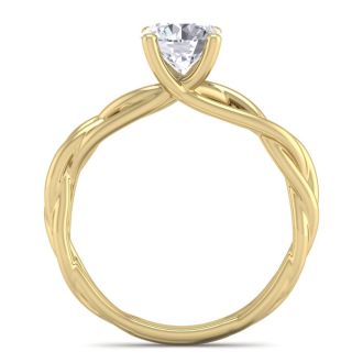 Moissanite Engagement Ring; 1 Carat Round Moissanite Solitaire Intricate Vine Engagement Ring With Tapered Band In 14 Karat Yellow Gold