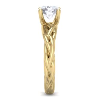 Moissanite Engagement Ring; 1 Carat Round Moissanite Solitaire Intricate Vine Engagement Ring With Tapered Band In 14 Karat Yellow Gold
