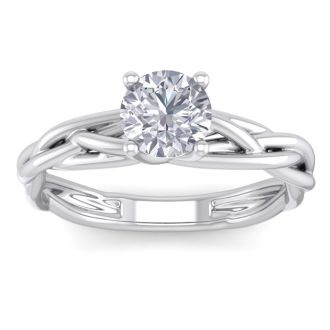 1 Carat Round Diamond Solitaire Intricate Vine Engagement Ring With Tapered Band In 14 Karat White Gold