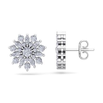 1 Carat Round Diamond Flower Stud Earrings In 14 Karat White Gold