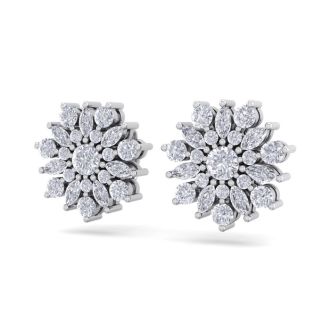 1 Carat Round Diamond Flower Stud Earrings In 14 Karat White Gold