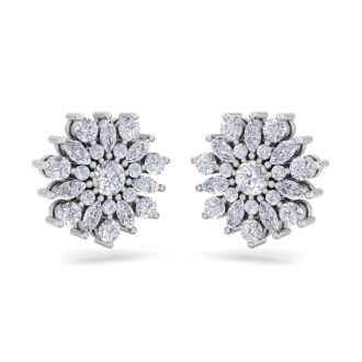 1 Carat Round Diamond Flower Stud Earrings In 14 Karat White Gold