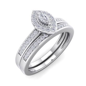 1/4 Carat Pave Marquise Shape Halo Diamond Bridal Set in Sterling Silver