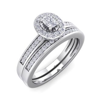 1/4 Carat Pave Oval Shape Halo Diamond Bridal Set in Sterling Silver