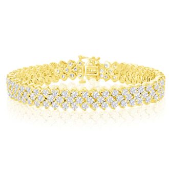 13 Carat Three Row Diamond Mens Tennis Bracelet In 14 Karat Yellow Gold, 8 Inches
