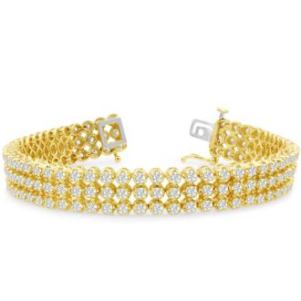 9 Carat Three Row Diamond Mens Tennis Bracelet In 14 Karat Yellow Gold, 8 Inches