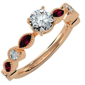 1 1/4 Carat Round and Marquise Vintage Diamond and Ruby Engagement Ring In 14 Karat Rose Gold