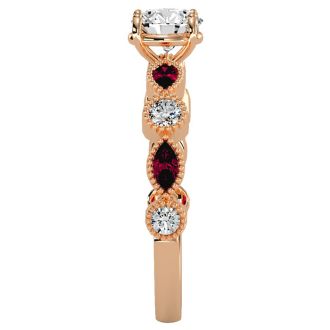 1 1/4 Carat Round and Marquise Vintage Diamond and Ruby Engagement Ring In 14 Karat Rose Gold