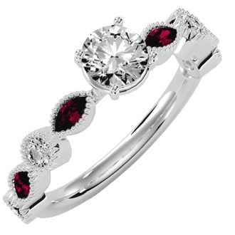 1 1/4 Carat Round and Marquise Vintage Diamond and Ruby Engagement Ring In 14 Karat White Gold
