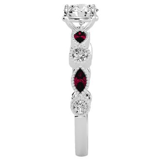 1 1/4 Carat Round and Marquise Vintage Diamond and Ruby Engagement Ring In 14 Karat White Gold