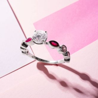 1 1/4 Carat Round and Marquise Vintage Diamond and Ruby Engagement Ring In 14 Karat White Gold