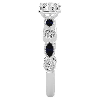 1 1/4 Carat Round and Marquise Vintage Diamond and Sapphire Engagement Ring In 14 Karat White Gold