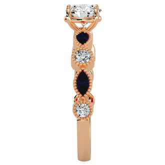 1 1/4 Carat Round and Marquise Vintage Diamond and Sapphire Engagement Ring In 14 Karat Rose Gold