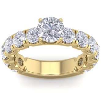 3 1/2 Carat Round Shape Diamond Engagement Ring In 14 Karat Yellow Gold. Incredible, Large Engagement Ring, Eternity Style!