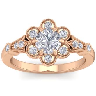 1 Carat Round Shape Moissanite Vintage Engagement Ring In Rose Gold Over Sterling Silver