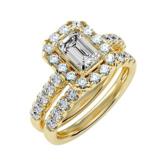 3 Carat Emerald Cut Halo Diamond Bridal Set In 14 Karat Yellow Gold
