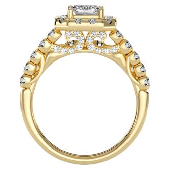 3 Carat Emerald Cut Halo Diamond Bridal Set In 14 Karat Yellow Gold