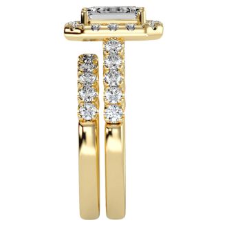 3 Carat Emerald Cut Halo Diamond Bridal Set In 14 Karat Yellow Gold