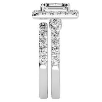 3 Carat Emerald Cut Halo Diamond Bridal Set In 14 Karat White Gold