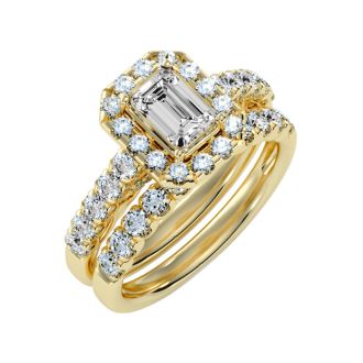 2 1/2 Carat Emerald Cut Halo Diamond Bridal Set In 14 Karat Yellow Gold