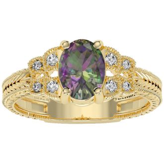 1 Carat Oval Shape Mystic Topaz Ring and Diamonds In 10 Karat Yellow Gold