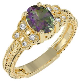 1 Carat Oval Shape Mystic Topaz Ring and Diamonds In 10 Karat Yellow Gold