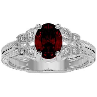 Garnet Ring: Garnet Jewelry: 1 1/2 Carat Oval Shape Garnet and Diamond Ring In 10 Karat White Gold