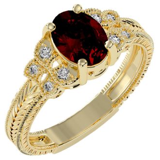 Garnet Ring: Garnet Jewelry: 1 1/2 Carat Oval Shape Garnet and Diamond Ring In 10 Karat Yellow Gold