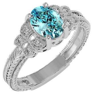 Aquamarine Ring: Aquamarine Jewelry: 1 1/4 Carat Oval Shape Aquamarine and Diamond Ring In 10 Karat White Gold