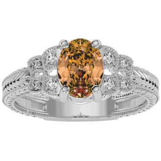 1 Carat Oval Shape Citrine and Diamond Ring In 10 Karat White Gold