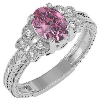 1 Carat Oval Shape Pink Topaz and Diamond Ring In 10 Karat White Gold