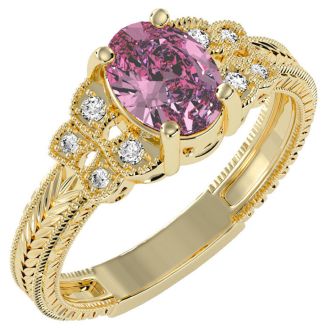 1 Carat Oval Shape Pink Topaz and Diamond Ring In 10 Karat Yellow Gold