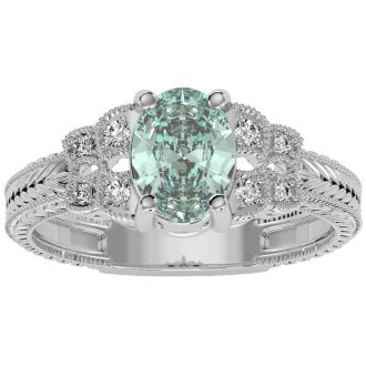 1 Carat Oval Shape Green Amethyst and Diamond Ring In 10 Karat White Gold