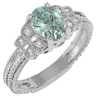 1 Carat Oval Shape Green Amethyst and Diamond Ring In 10 Karat White Gold