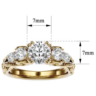 Moissanite Engagement Ring; 2 Carat Vintage Moissanite Engagement Ring In 14 Karat Yellow Gold