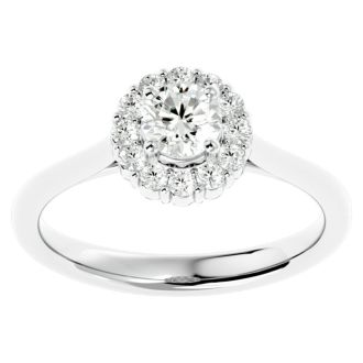 Moissanite Engagement Ring; 3/4 Carat Halo Moissanite Engagement Ring In 14 Karat White Gold