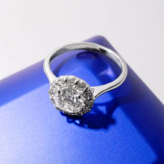 Moissanite Engagement Ring; 1 Carat Halo Moissanite Engagement Ring In 14 Karat White Gold
